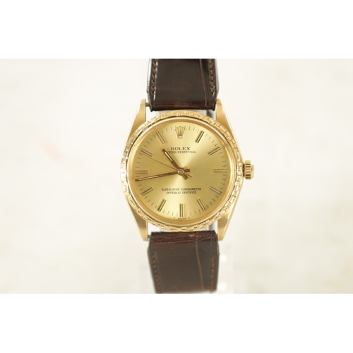 363 - A GENTLEMEN'S 1970 18CT GOLD ROLEX OYSTER WRIST WATCH WITH MONREAU BEZEL, on a Rolex brown crocodile... 