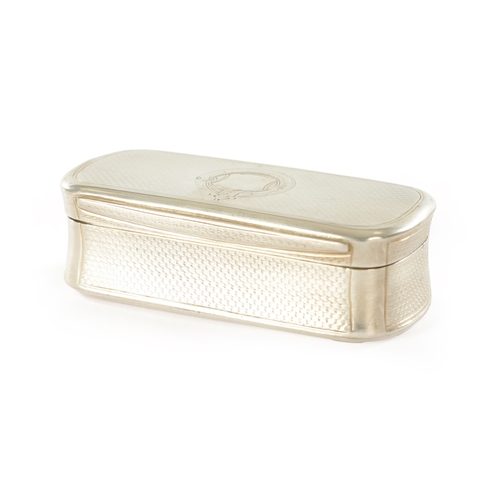 366 - A VICTORIAN SILVER SNUFF BOX of engine turned rectangular form with curved corners, central cartouch... 