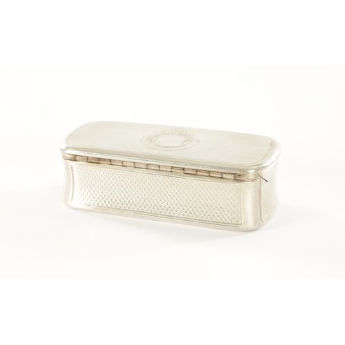 366 - A VICTORIAN SILVER SNUFF BOX of engine turned rectangular form with curved corners, central cartouch... 