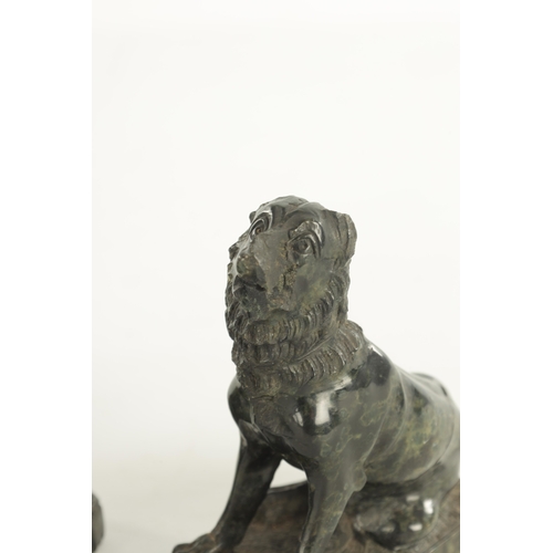 668 - A PAIR OF 19TH CENTURY SERPENTINE MARBLE SCULPTURES, modelled as seated dogs on rectangular bases. (... 