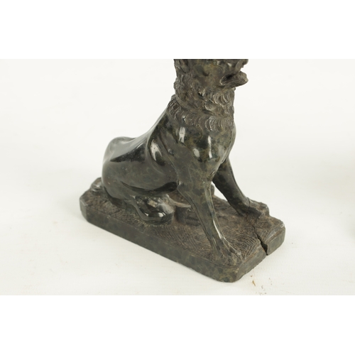 668 - A PAIR OF 19TH CENTURY SERPENTINE MARBLE SCULPTURES, modelled as seated dogs on rectangular bases. (... 