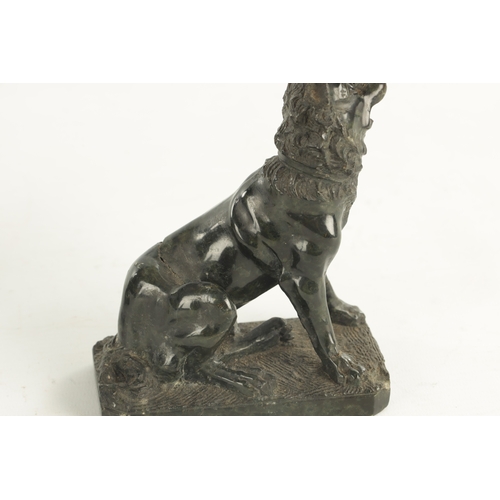 668 - A PAIR OF 19TH CENTURY SERPENTINE MARBLE SCULPTURES, modelled as seated dogs on rectangular bases. (... 