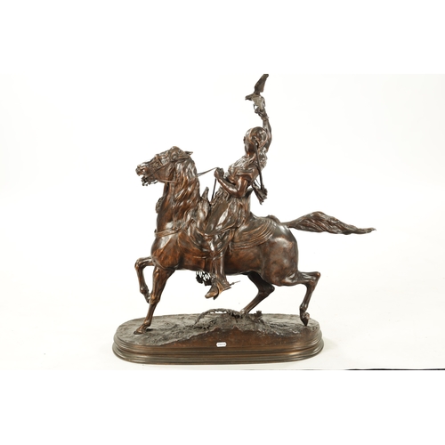 669 - AFTER P. J. MENE. A 19TH CENTURY PATINATED BRONZE SCULPTURE OF AN ARABIAN MAN ON HORSEBACK with falc... 