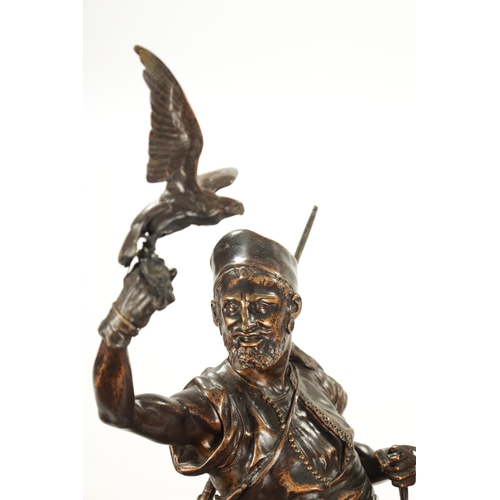 669 - AFTER P. J. MENE. A 19TH CENTURY PATINATED BRONZE SCULPTURE OF AN ARABIAN MAN ON HORSEBACK with falc... 