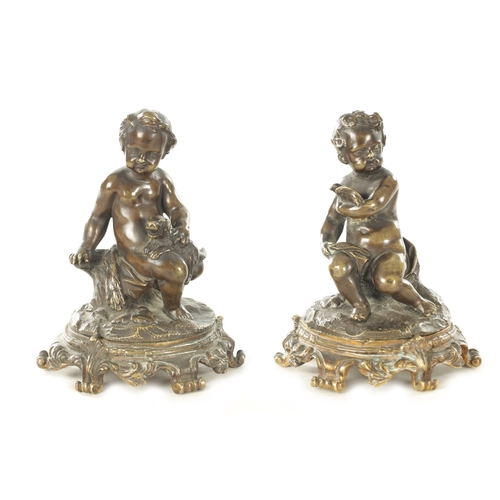 671 - AFTER COLDION. A PAIR OF 19TH CENTURY BRONZE SCULPTURES depicting seated chuerb of naturalistic base... 