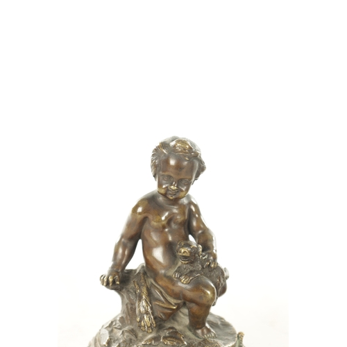 671 - AFTER COLDION. A PAIR OF 19TH CENTURY BRONZE SCULPTURES depicting seated chuerb of naturalistic base... 