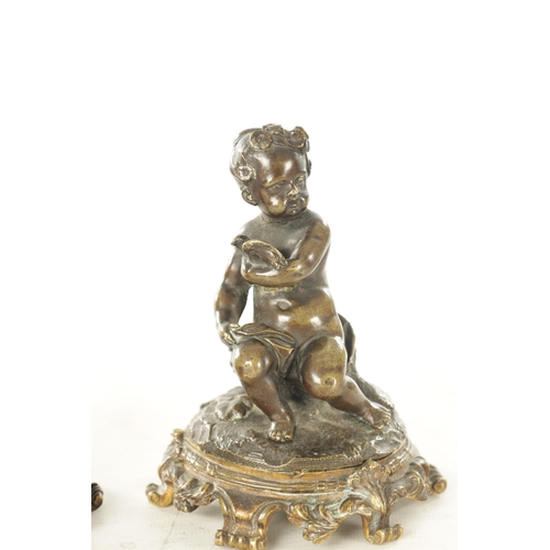 671 - AFTER COLDION. A PAIR OF 19TH CENTURY BRONZE SCULPTURES depicting seated chuerb of naturalistic base... 