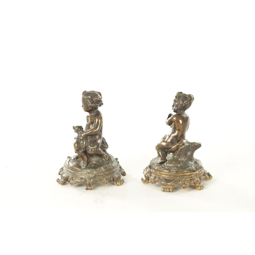 671 - AFTER COLDION. A PAIR OF 19TH CENTURY BRONZE SCULPTURES depicting seated chuerb of naturalistic base... 