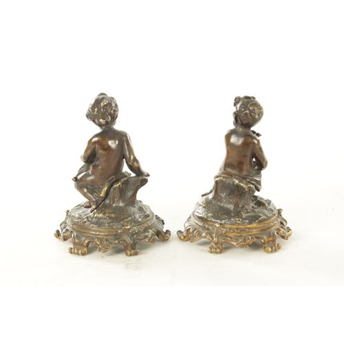 671 - AFTER COLDION. A PAIR OF 19TH CENTURY BRONZE SCULPTURES depicting seated chuerb of naturalistic base... 