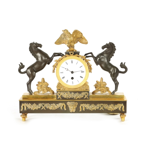 1003 - A REGENCY BRONZE AND ORMOLU FUSEE MANTEL CLOCK the case surmounted by an eagle flanked by two pranci... 