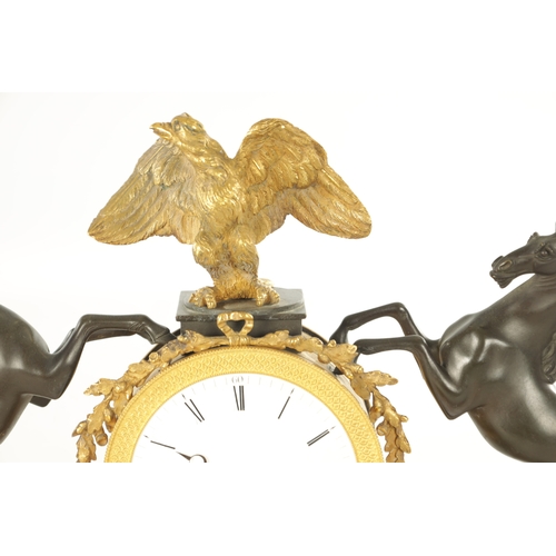 1003 - A REGENCY BRONZE AND ORMOLU FUSEE MANTEL CLOCK the case surmounted by an eagle flanked by two pranci... 