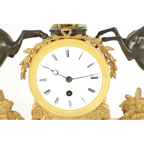 1003 - A REGENCY BRONZE AND ORMOLU FUSEE MANTEL CLOCK the case surmounted by an eagle flanked by two pranci... 