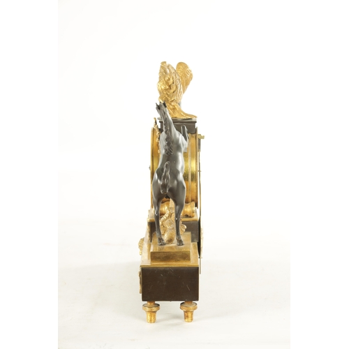 1003 - A REGENCY BRONZE AND ORMOLU FUSEE MANTEL CLOCK the case surmounted by an eagle flanked by two pranci... 