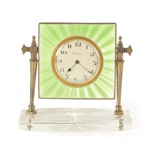 1006 - A SILVER AND GUILLOCHE ENAMEL MANTEL CLOCK the lime green case supported on two silver pillars mount... 