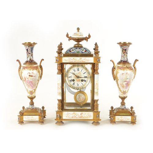 1008 - A FINE LATE 19TH CENTURY FRENCH ORMOLU PORCELAIN AND CHAMPLEVE ENAMELLED THREE PEICE CLOCK GUARNITUR... 