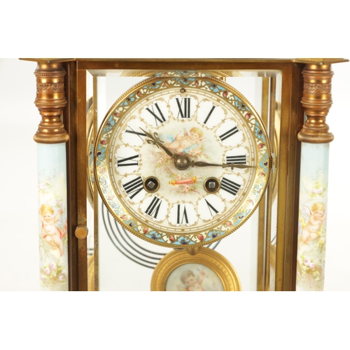 1008 - A FINE LATE 19TH CENTURY FRENCH ORMOLU PORCELAIN AND CHAMPLEVE ENAMELLED THREE PEICE CLOCK GUARNITUR... 