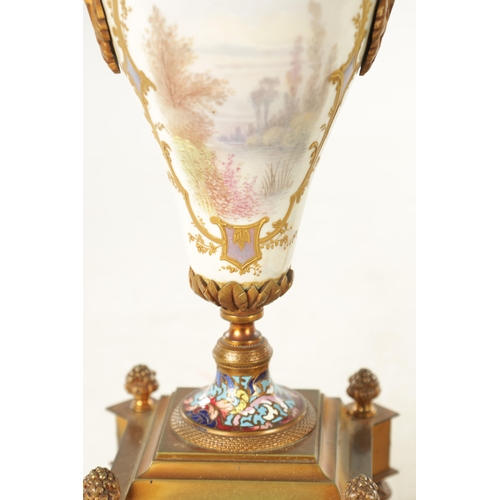 1008 - A FINE LATE 19TH CENTURY FRENCH ORMOLU PORCELAIN AND CHAMPLEVE ENAMELLED THREE PEICE CLOCK GUARNITUR... 