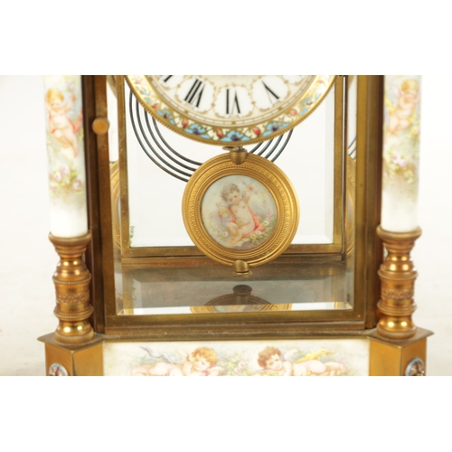 1008 - A FINE LATE 19TH CENTURY FRENCH ORMOLU PORCELAIN AND CHAMPLEVE ENAMELLED THREE PEICE CLOCK GUARNITUR... 