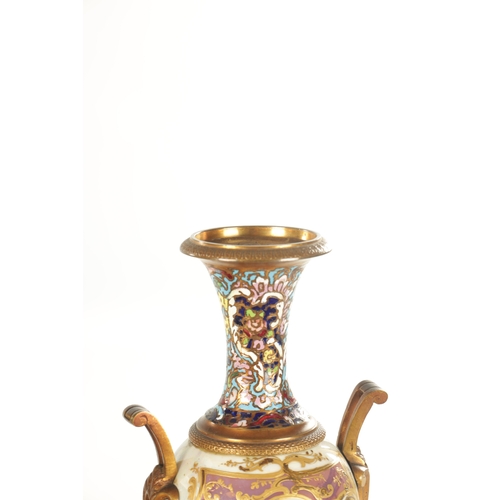 1008 - A FINE LATE 19TH CENTURY FRENCH ORMOLU PORCELAIN AND CHAMPLEVE ENAMELLED THREE PEICE CLOCK GUARNITUR... 