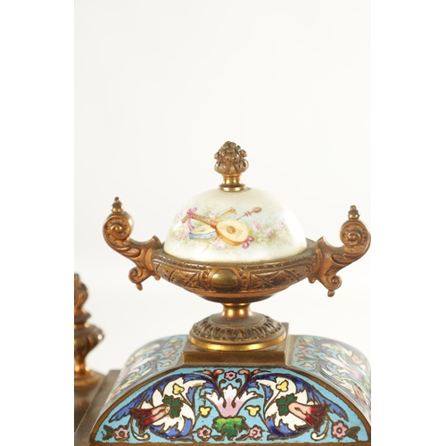 1008 - A FINE LATE 19TH CENTURY FRENCH ORMOLU PORCELAIN AND CHAMPLEVE ENAMELLED THREE PEICE CLOCK GUARNITUR... 