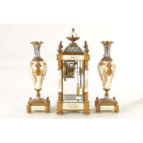 1008 - A FINE LATE 19TH CENTURY FRENCH ORMOLU PORCELAIN AND CHAMPLEVE ENAMELLED THREE PEICE CLOCK GUARNITUR... 