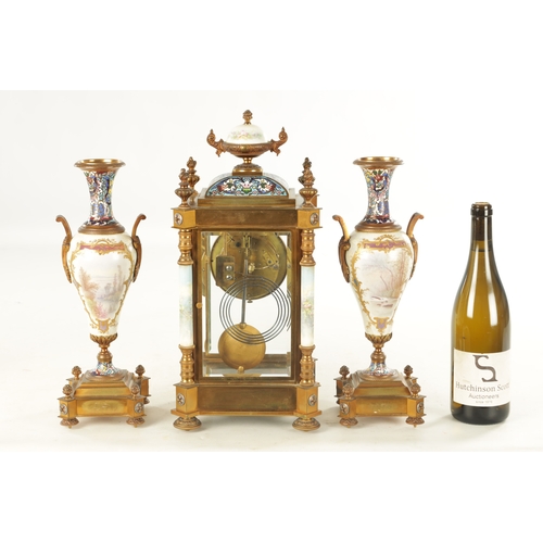 1008 - A FINE LATE 19TH CENTURY FRENCH ORMOLU PORCELAIN AND CHAMPLEVE ENAMELLED THREE PEICE CLOCK GUARNITUR... 