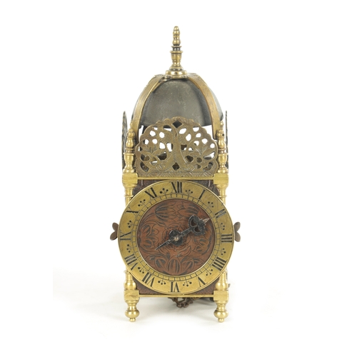 1011 - A RARE LATE 17TH CENTURY MINIATURE ENGLISH LANTERN CLOCK surmounted by a bell supported on brass str... 