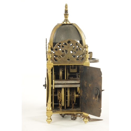 1011 - A RARE LATE 17TH CENTURY MINIATURE ENGLISH LANTERN CLOCK surmounted by a bell supported on brass str... 