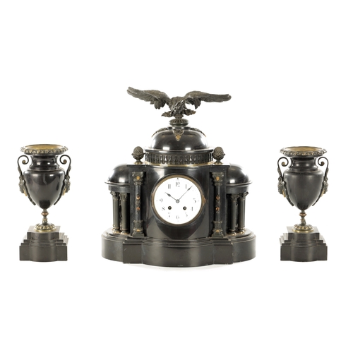 1014 - A 19TH CENTURY FRENCH SLATE AND ORMOLU MOUNTED THREE-PIECE CLOCK GARNITURE the domed top portico sha... 