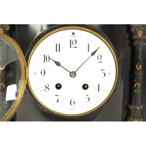 1014 - A 19TH CENTURY FRENCH SLATE AND ORMOLU MOUNTED THREE-PIECE CLOCK GARNITURE the domed top portico sha... 