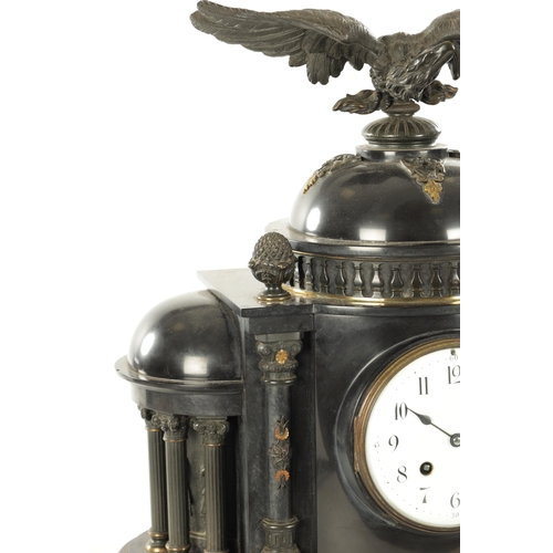 1014 - A 19TH CENTURY FRENCH SLATE AND ORMOLU MOUNTED THREE-PIECE CLOCK GARNITURE the domed top portico sha... 