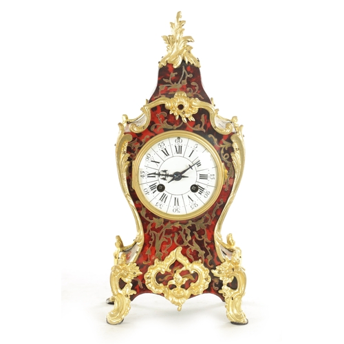 1015 - A LATE 19TH CENTURY FRENCH TORTOISESHELL BOULLE MANTEL CLOCK with a rococo style case with an enamel... 