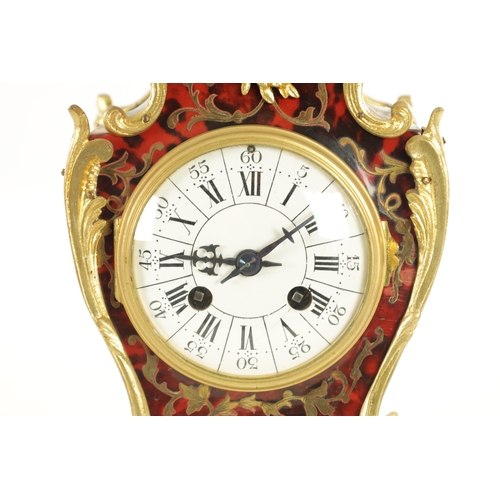 1015 - A LATE 19TH CENTURY FRENCH TORTOISESHELL BOULLE MANTEL CLOCK with a rococo style case with an enamel... 