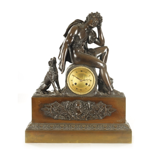 1016 - A LARGE 19TH CENTURY FRENCH PATINATED BRONZE FIGURAL MANTEL CLOCK modelled as Apollo and his dog abo... 