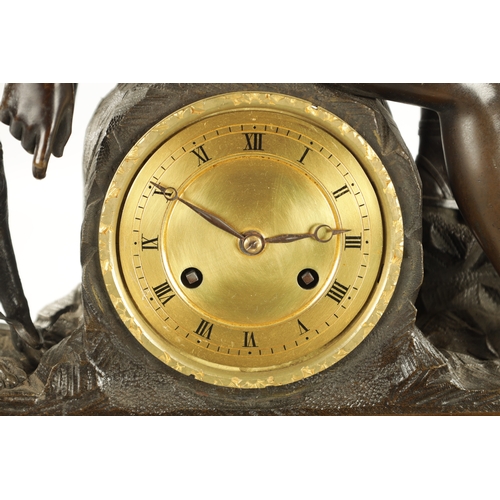 1016 - A LARGE 19TH CENTURY FRENCH PATINATED BRONZE FIGURAL MANTEL CLOCK modelled as Apollo and his dog abo... 