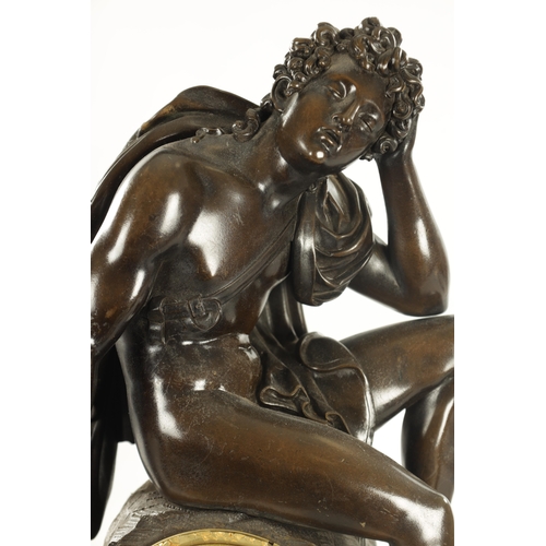 1016 - A LARGE 19TH CENTURY FRENCH PATINATED BRONZE FIGURAL MANTEL CLOCK modelled as Apollo and his dog abo... 