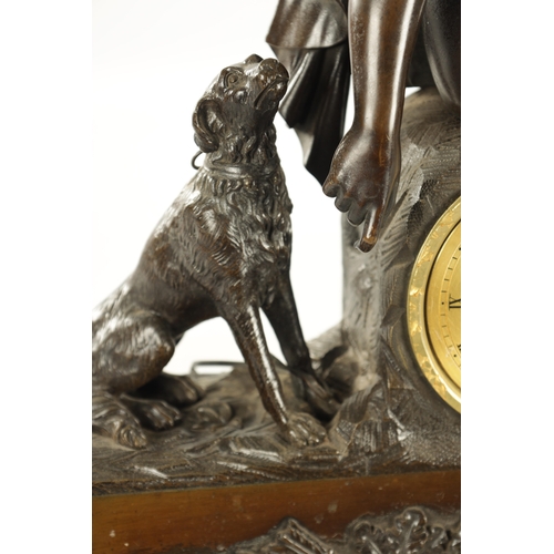 1016 - A LARGE 19TH CENTURY FRENCH PATINATED BRONZE FIGURAL MANTEL CLOCK modelled as Apollo and his dog abo... 