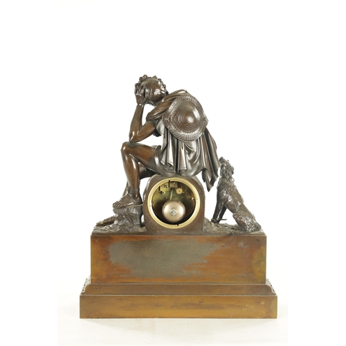 1016 - A LARGE 19TH CENTURY FRENCH PATINATED BRONZE FIGURAL MANTEL CLOCK modelled as Apollo and his dog abo... 