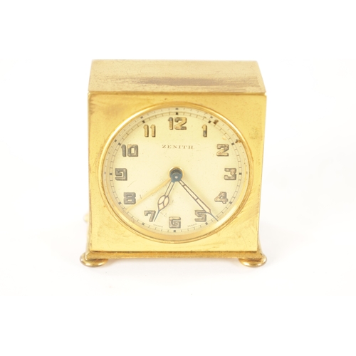 1017 - A 1930'S ZENITH WATCH CO. SWISS BOUDOIR TRAVELLING ALARM CLOCK the plain square gilt brass case on b... 