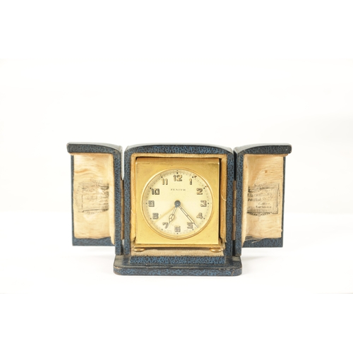 1017 - A 1930'S ZENITH WATCH CO. SWISS BOUDOIR TRAVELLING ALARM CLOCK the plain square gilt brass case on b... 