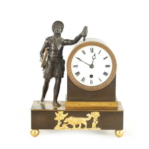 1019 - AN ENGLISH REGENCY BRONZE AND ORMOLU FIGURAL FUSEE MANTEL CLOCK the case surmounted by a patinated b... 