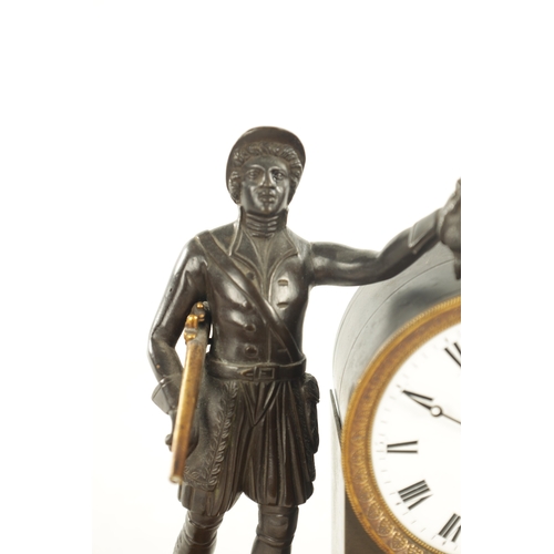 1019 - AN ENGLISH REGENCY BRONZE AND ORMOLU FIGURAL FUSEE MANTEL CLOCK the case surmounted by a patinated b... 