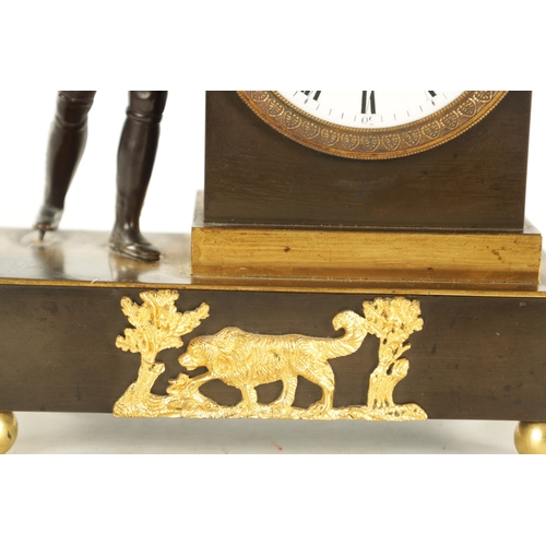 1019 - AN ENGLISH REGENCY BRONZE AND ORMOLU FIGURAL FUSEE MANTEL CLOCK the case surmounted by a patinated b... 