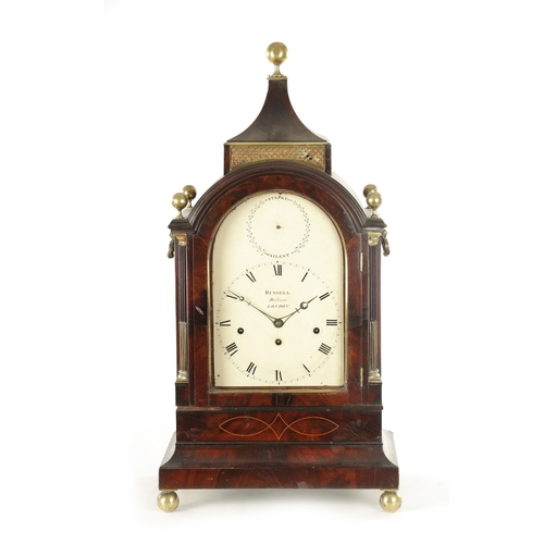 1021 - RUSSELL, BARBICAN, LONDON A LATE GEORGE III BRASS MOUNTED MAHOGANY THREE TRAIN BRACKET CLOCK the arc... 