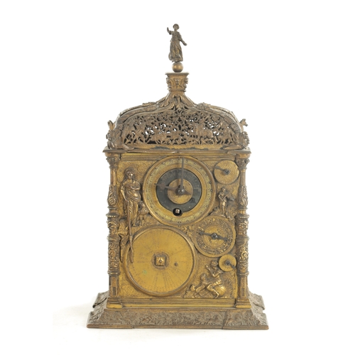 1023 - A 16TH CENTURY STYLE AUSBERG GILT BRASS ASTRONOMICAL TABLE CLOCK CIRCA 1880 with finely pierced pedi... 