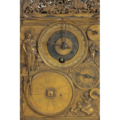 1023 - A 16TH CENTURY STYLE AUSBERG GILT BRASS ASTRONOMICAL TABLE CLOCK CIRCA 1880 with finely pierced pedi... 