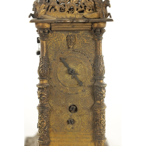 1023 - A 16TH CENTURY STYLE AUSBERG GILT BRASS ASTRONOMICAL TABLE CLOCK CIRCA 1880 with finely pierced pedi... 