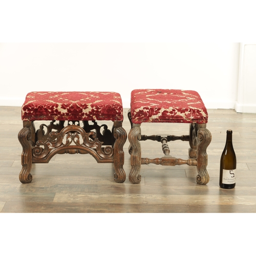 1388 - A PAIR OF 17TH CENTURY AND LATER WALNUT UPHOLSTERED STOOLS with arched leaf-carved stretchers and sc... 