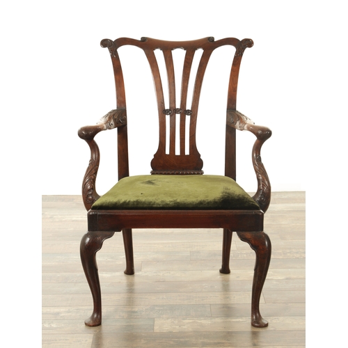 1389 - A FINE EARLY GEORGIAN MAHOGANY OPEN ARMCHAIR OF GENEROUS PROPORTIONS the scroll and leaf carved shap... 