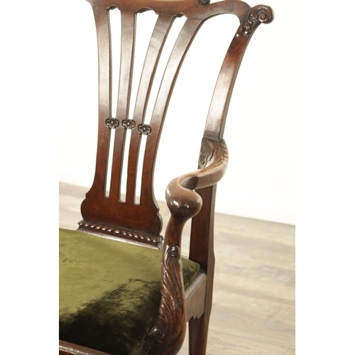 1389 - A FINE EARLY GEORGIAN MAHOGANY OPEN ARMCHAIR OF GENEROUS PROPORTIONS the scroll and leaf carved shap... 